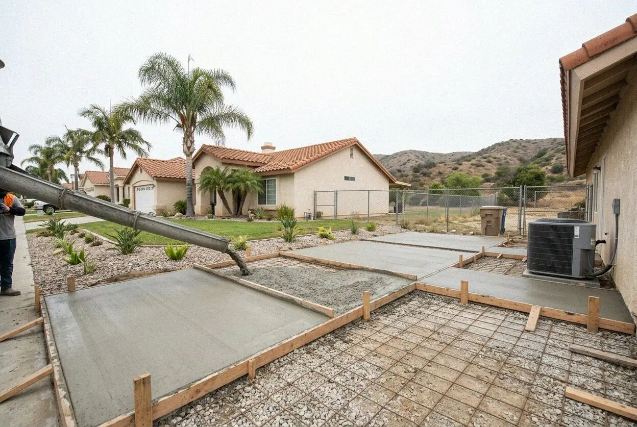 Concrete crew pouring a driveway at a 1950s Buena Park ranch house