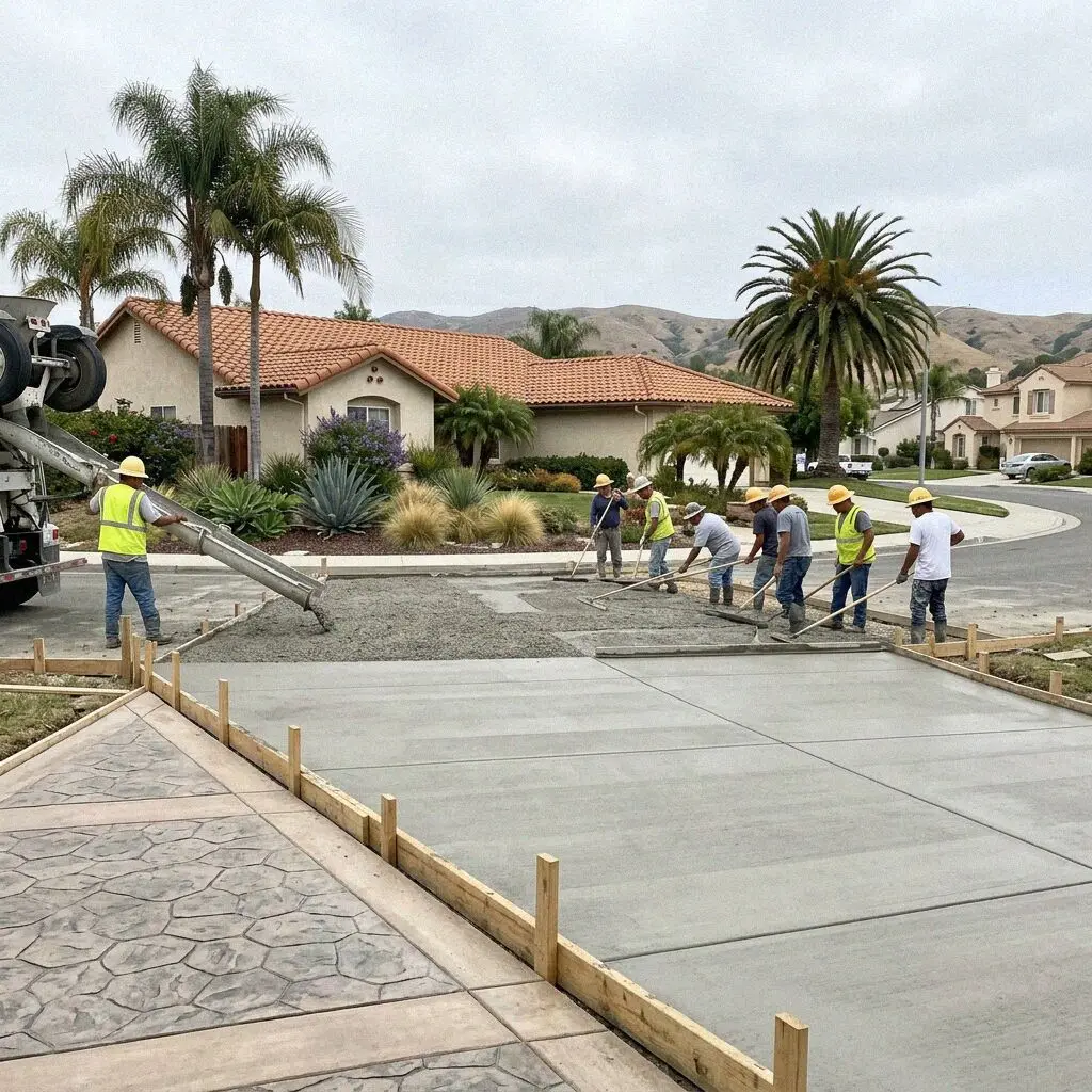 Crew screeding a fresh concrete driveway at a Costa Mesa home