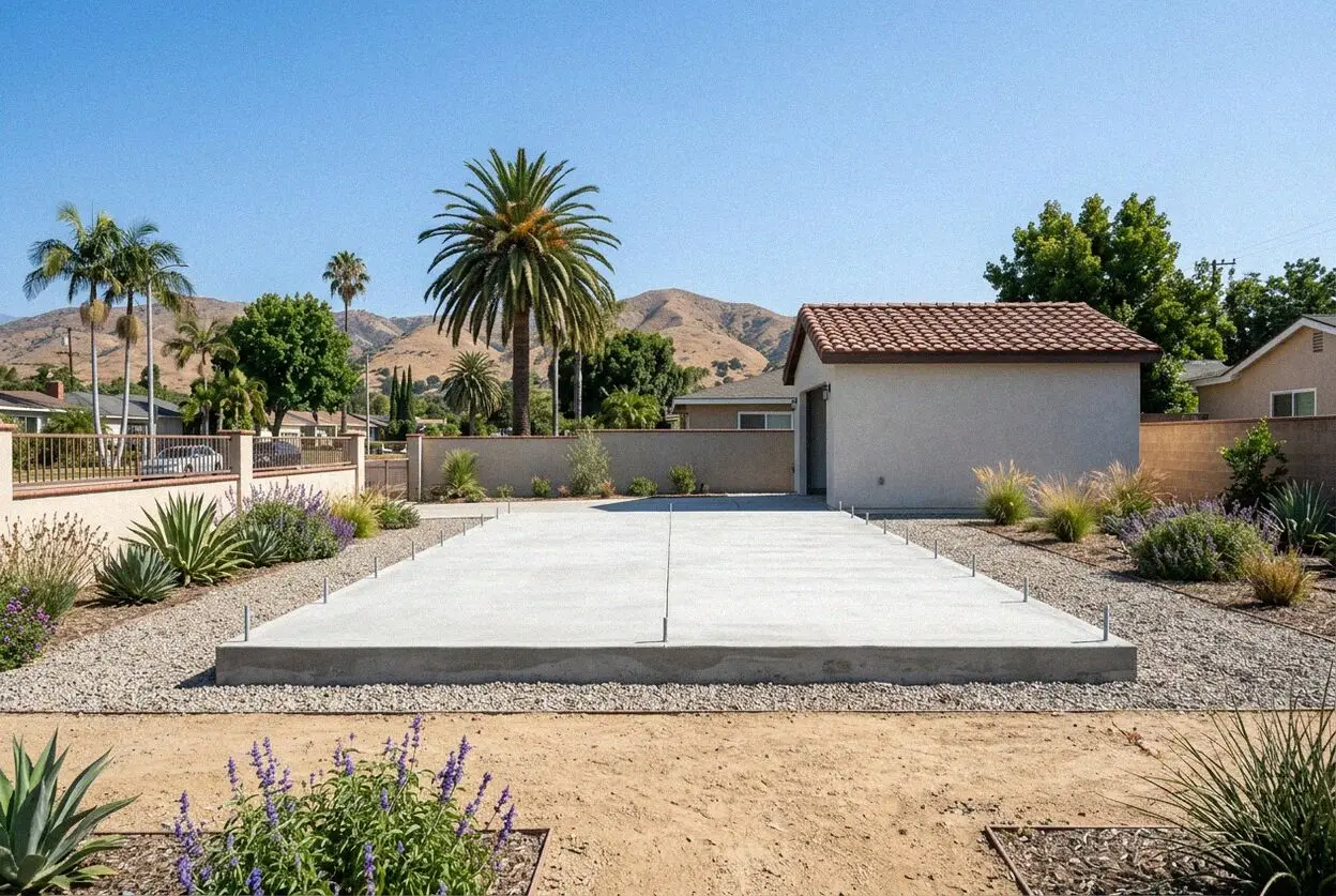 Concrete slab foundation for a backyard studio on the Eastside of Costa Mesa