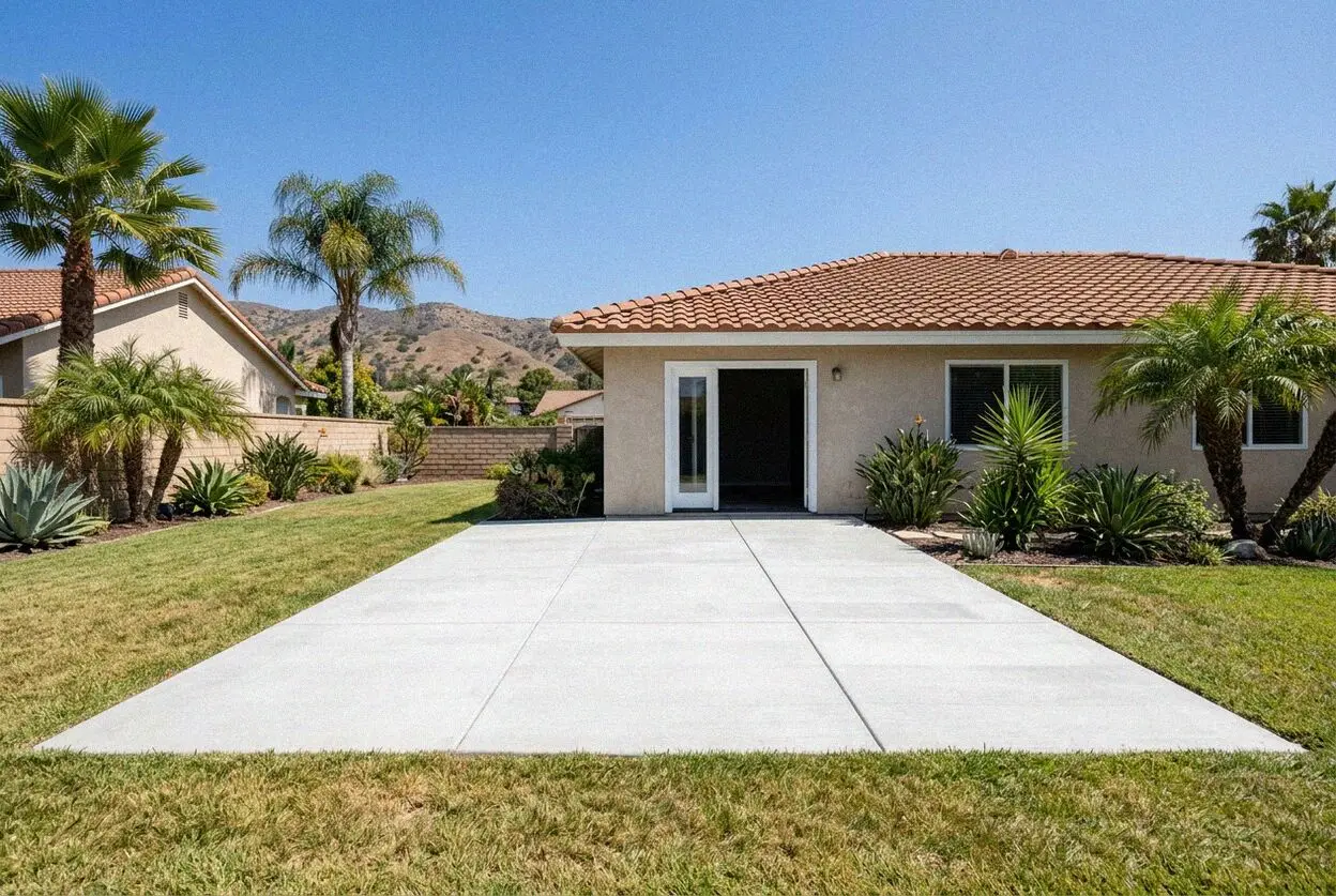 Broom-finish concrete patio behind a Newport Beach home