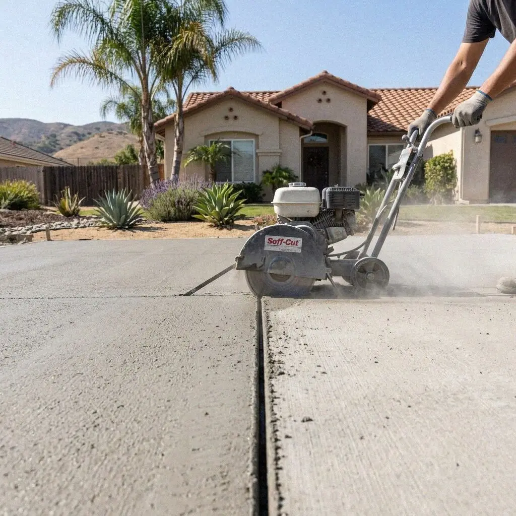 Hands guiding a wet saw along a chalked line on a Costa Mesa slab