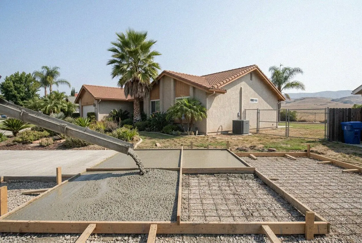Stamped concrete driveway at a 1960s tract house in Cypress