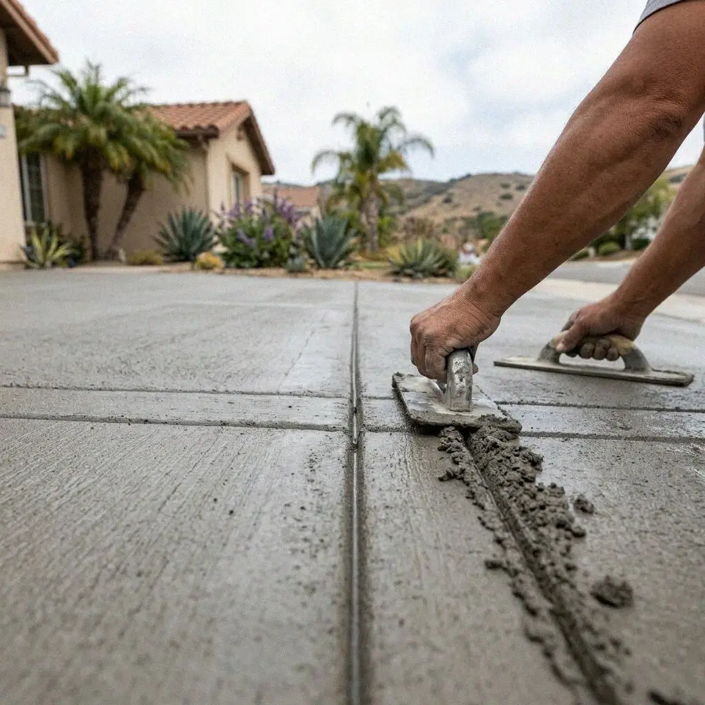 Hands screeding fresh concrete between driveway forms in Costa Mesa