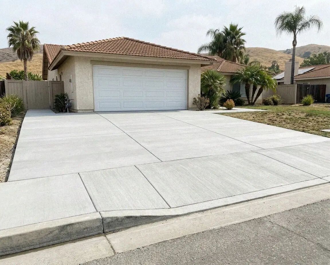 New full-width concrete driveway at a Costa Mesa tract house
