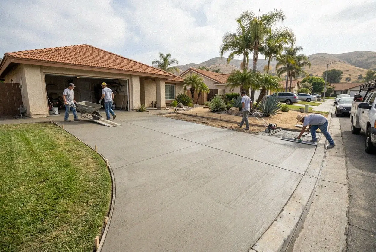 Crew placing a full-width concrete driveway at a Costa Mesa tract house