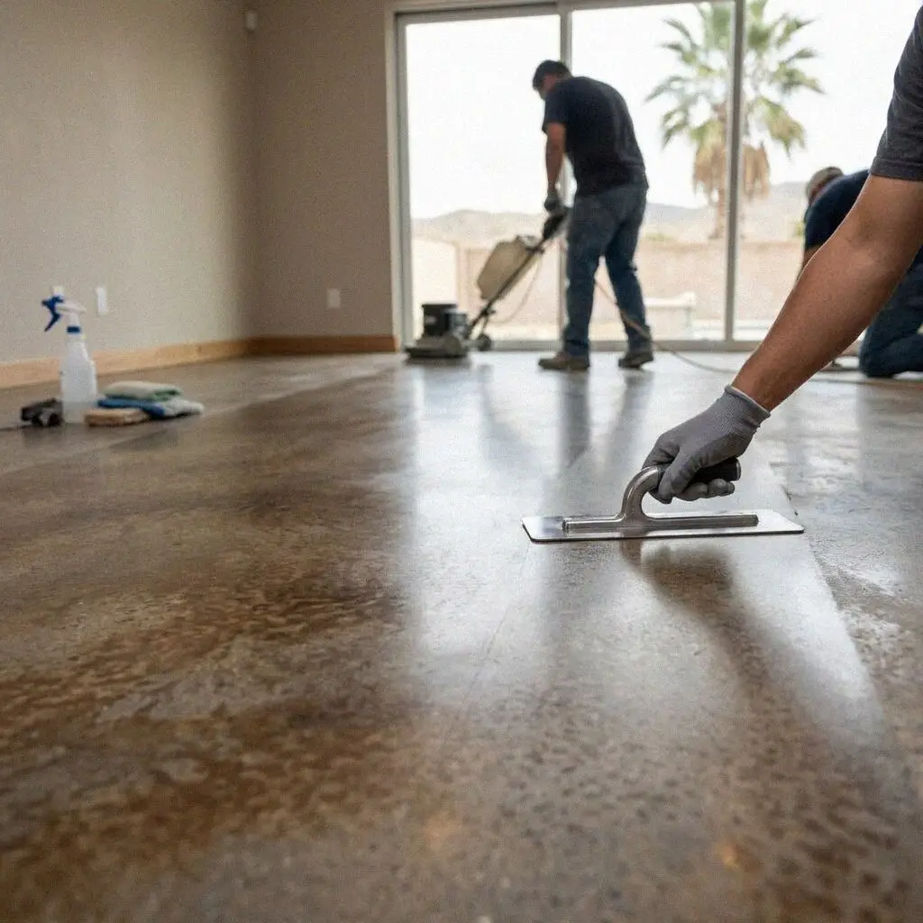 Hands power-troweling a fresh interior concrete floor in Costa Mesa
