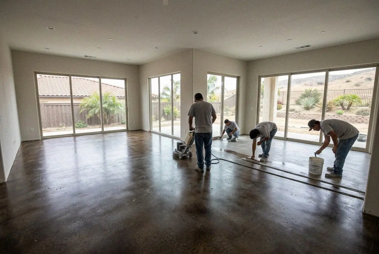 Crew placing a concrete floor inside a converted garage in Costa Mesa