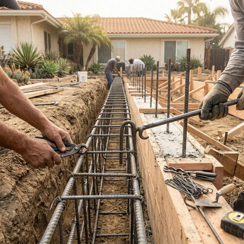 Hands tying two number 4 bars in a footing trench on a Costa Mesa lot