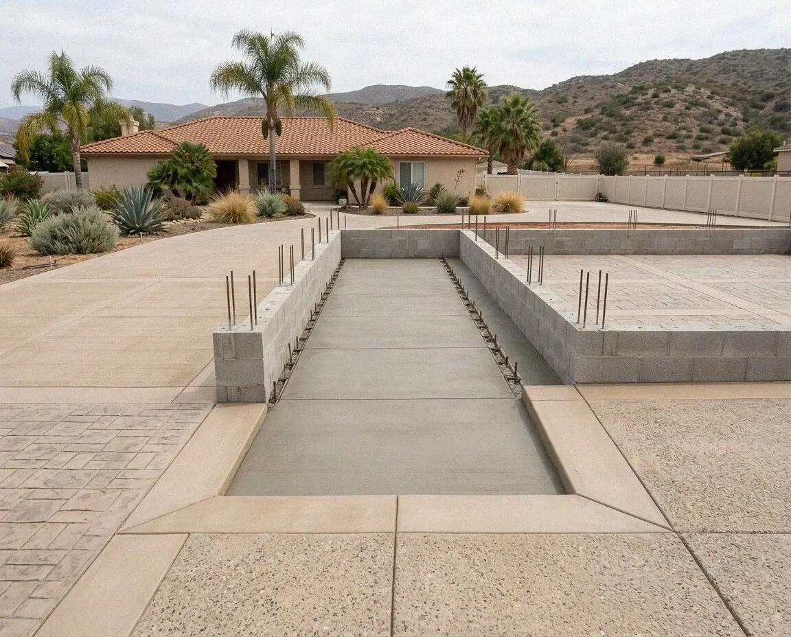 Open footing trench with tied rebar behind a Costa Mesa ranch house