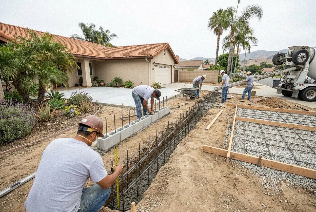 Crew tying rebar in an open footing trench behind a Costa Mesa ranch house