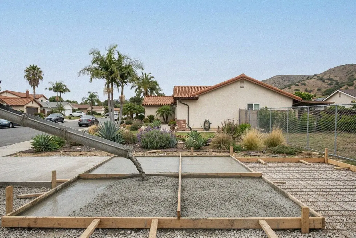 New concrete driveway at a 1960s tract home in Fountain Valley
