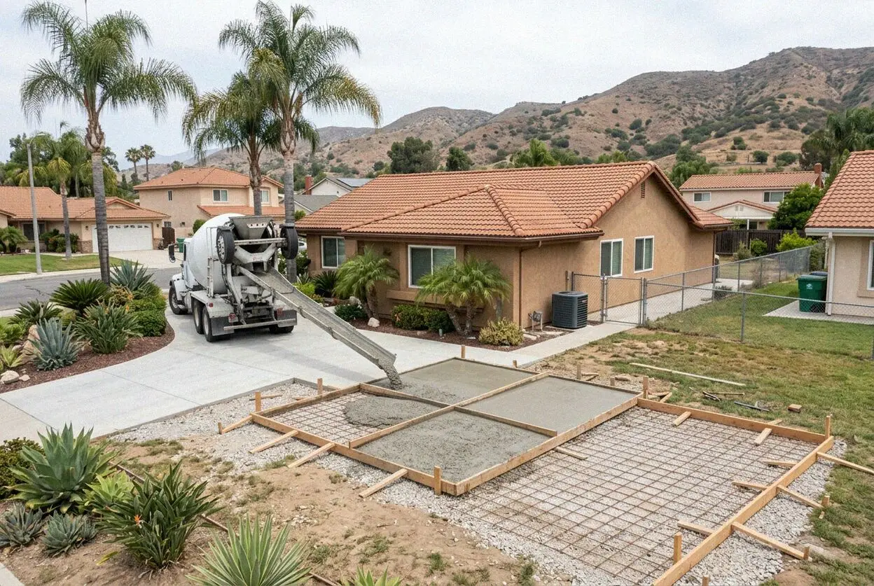 A new concrete driveway at a 1960s tract house on a flat La Palma street