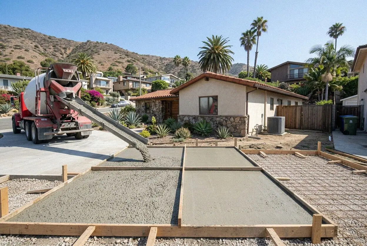A concrete driveway cut into a hillside lot above Coast Highway in Laguna