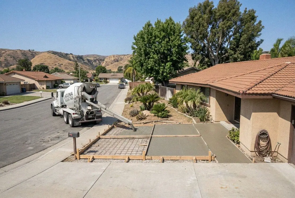 A new concrete patio on a graded hillside lot in Laguna Hills