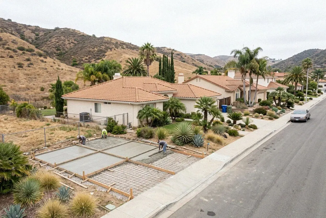 A new concrete pool deck on a terraced 1980s lot in Laguna Niguel