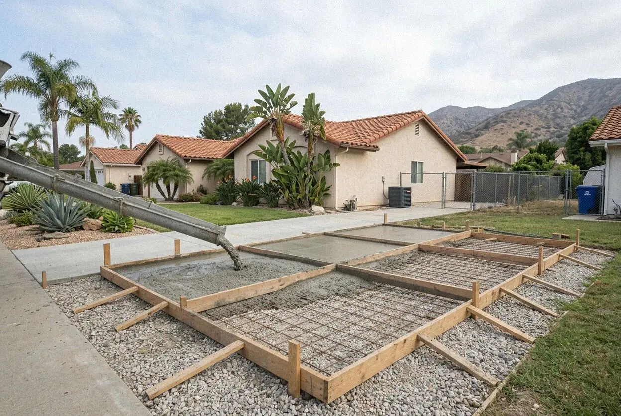 A new level concrete patio outside a single-story manor in Laguna Woods