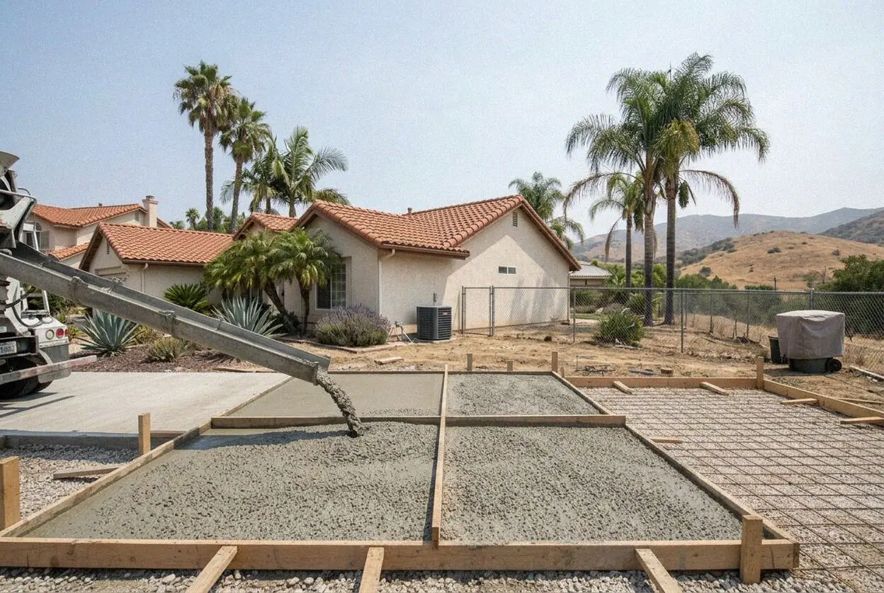New concrete driveway at a 1970s Lake Forest home under eucalyptus trees