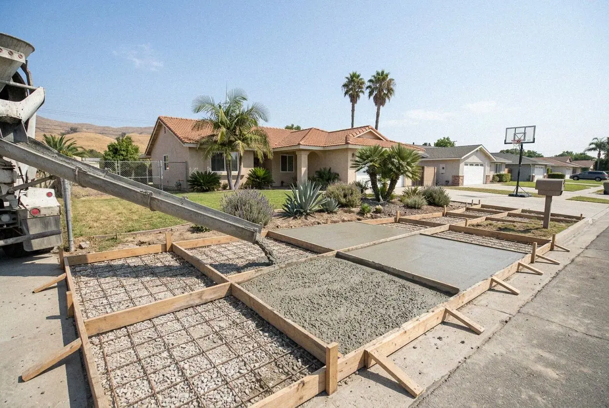 Fresh concrete driveway at a 1950s ranch house in Los Alamitos