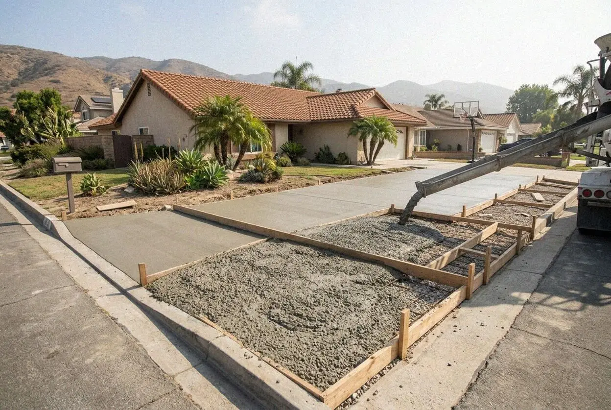 Concrete driveway pour on a sloped lot in Mission Viejo below Saddleback
