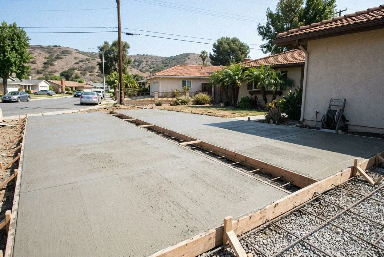 Concrete pump hose feeding a new garage slab off a Balboa Island alley
