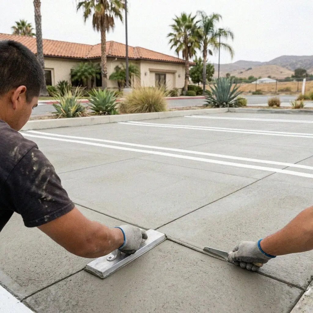Bull float smoothing a fresh concrete parking bay at a Costa Mesa court