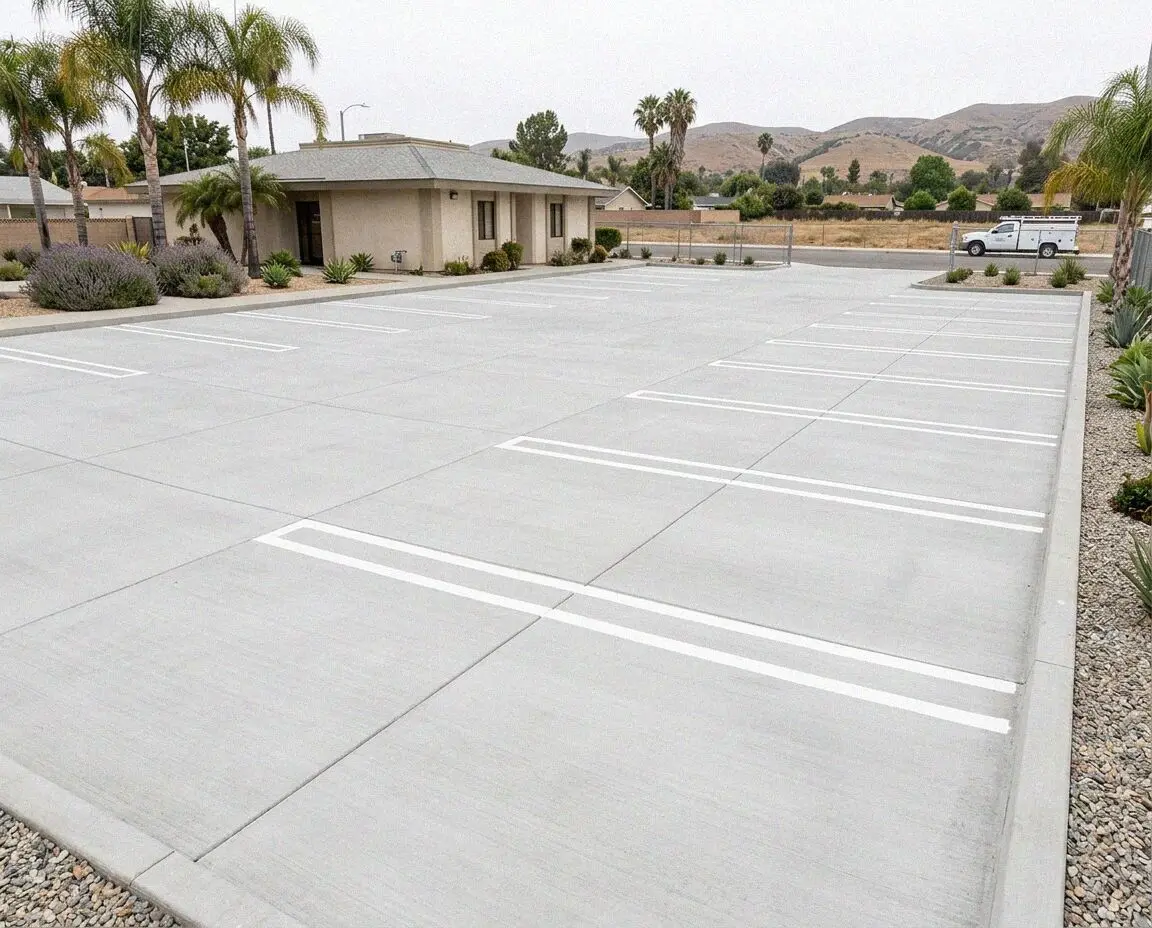New concrete parking lot with striped stalls at a Costa Mesa court