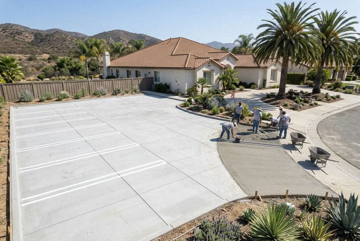 Crew pouring one half of a concrete parking lot behind a Costa Mesa court