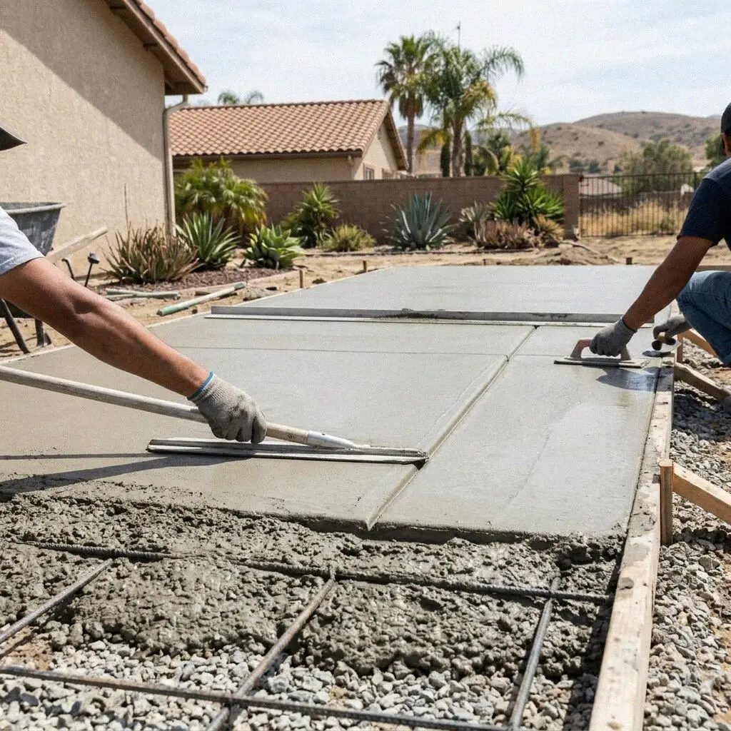 Hands floating a fresh patio slab up to a door threshold in Costa Mesa