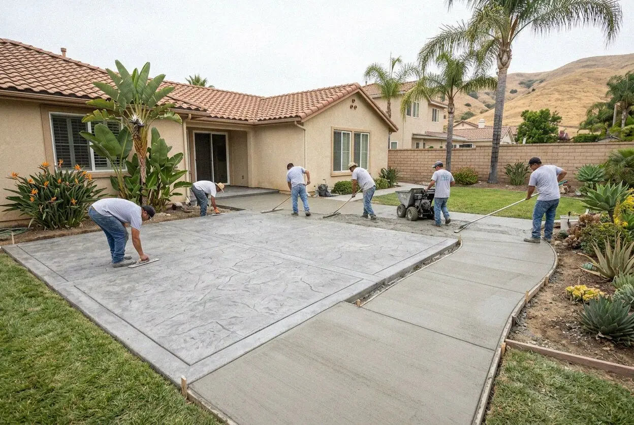 Crew finishing a concrete patio behind a Costa Mesa ranch house