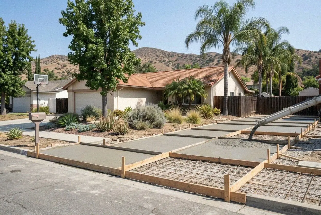 New concrete driveway at a 1960s Placentia tract home on a dry windy day