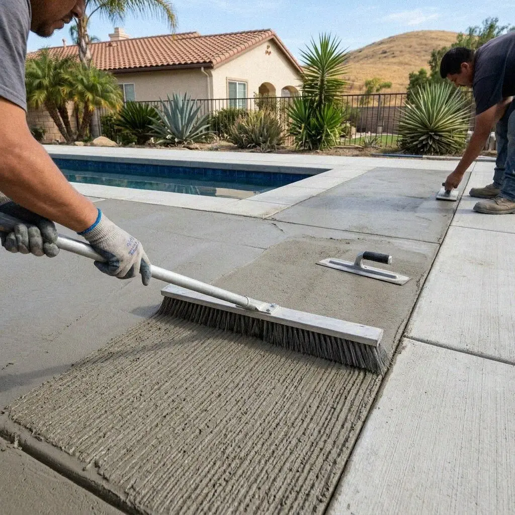 Broom being drawn across a fresh concrete pool deck in Costa Mesa