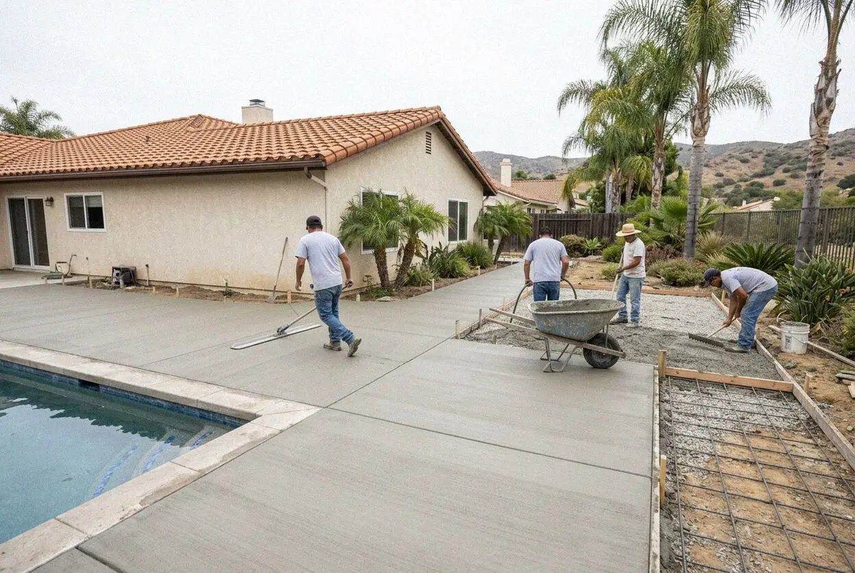 Crew screeding a new concrete pool deck beside a backyard pool in Costa Mesa