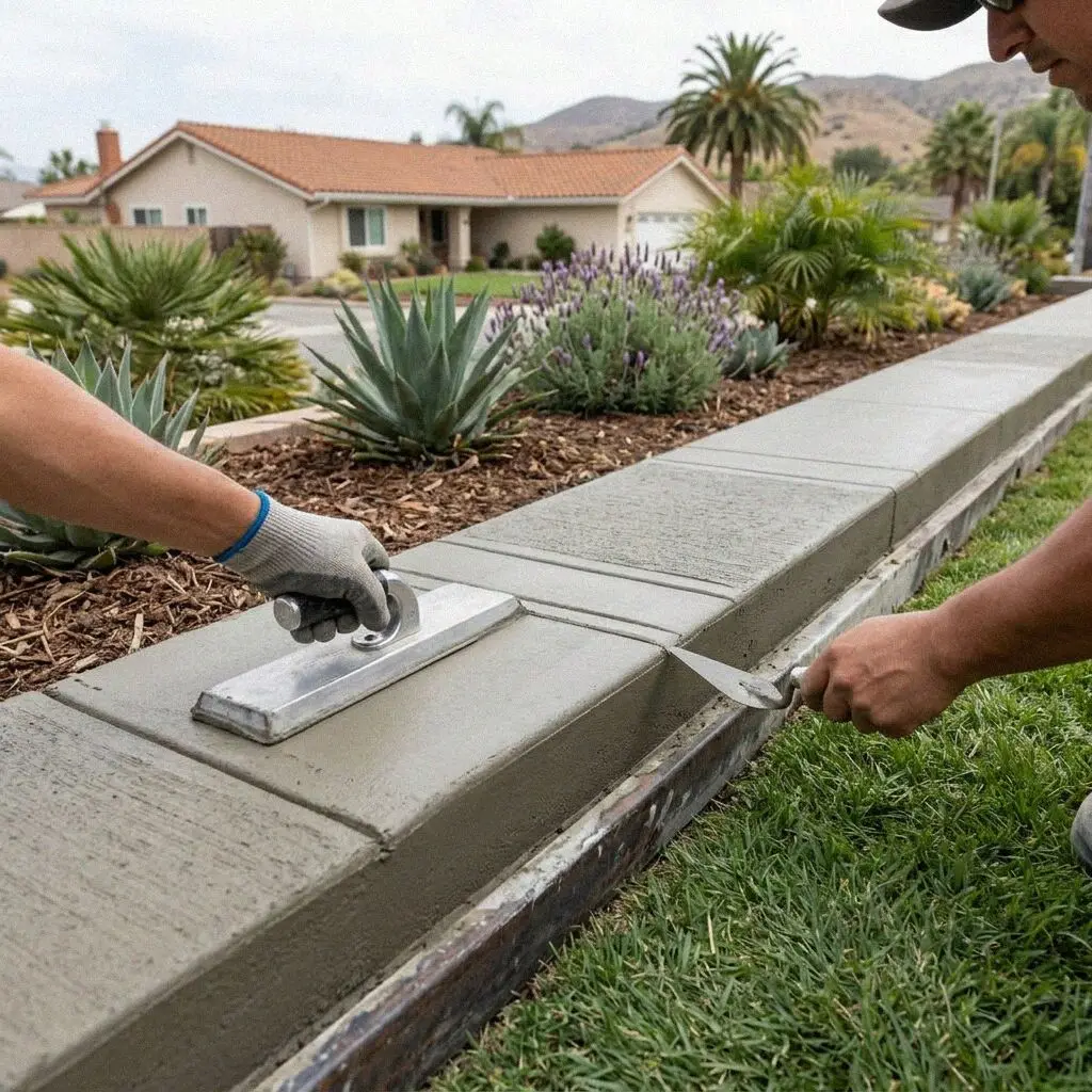 Hands tying rebar in a retaining wall footing trench in Costa Mesa