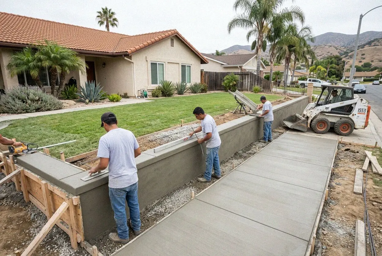 Crew forming a concrete retaining wall at a Costa Mesa home