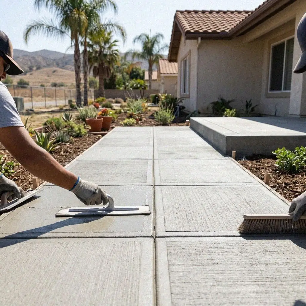 Hands broom-finishing a fresh concrete sidewalk panel in Costa Mesa