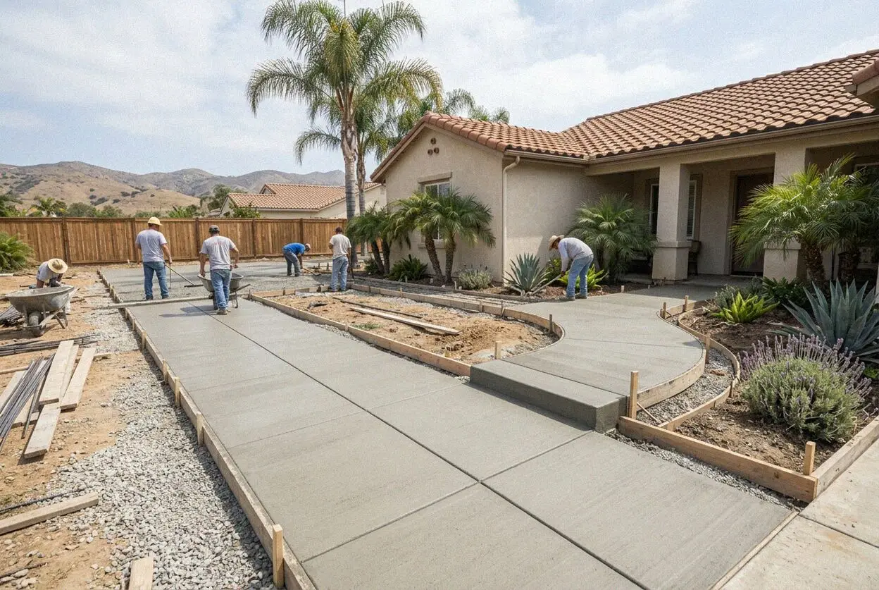 Crew forming and pouring a new concrete sidewalk along a Costa Mesa street