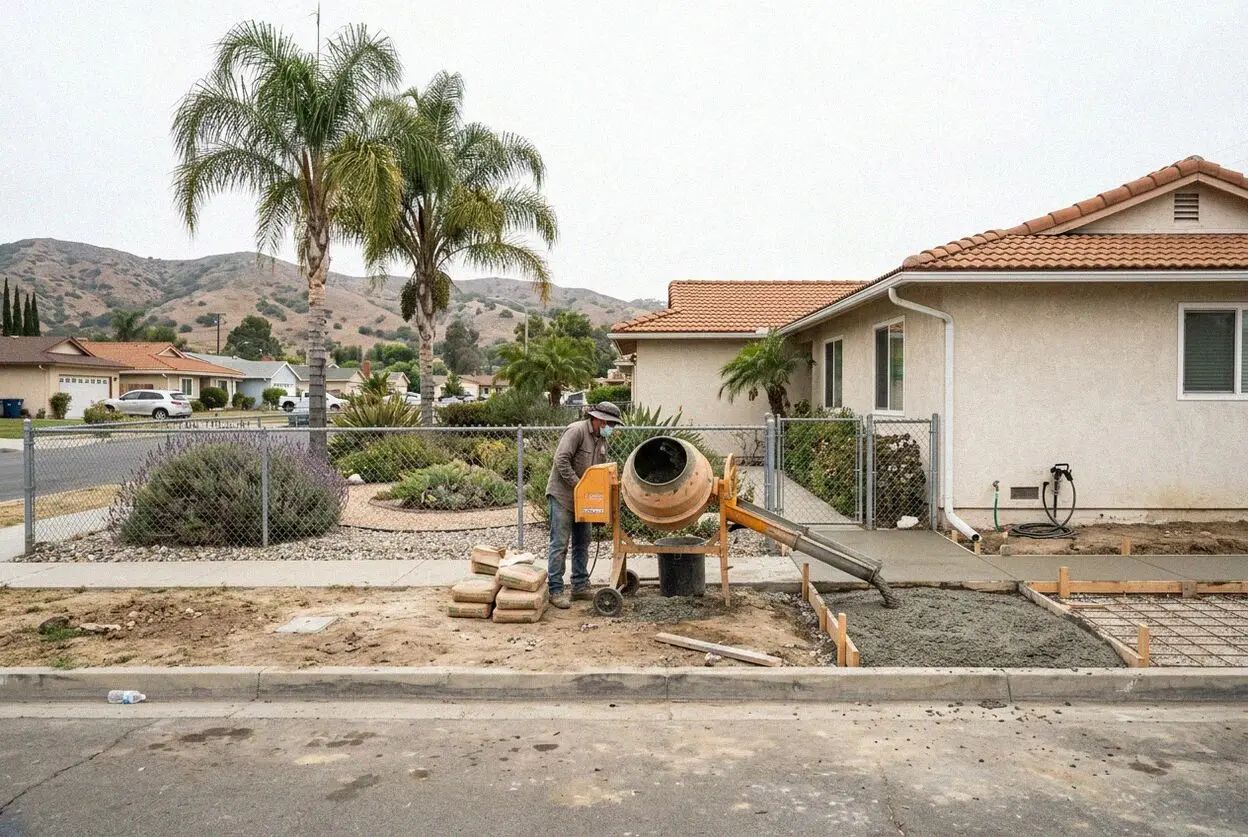 Concrete side-yard pad poured beside a 1950s Stanton ranch house