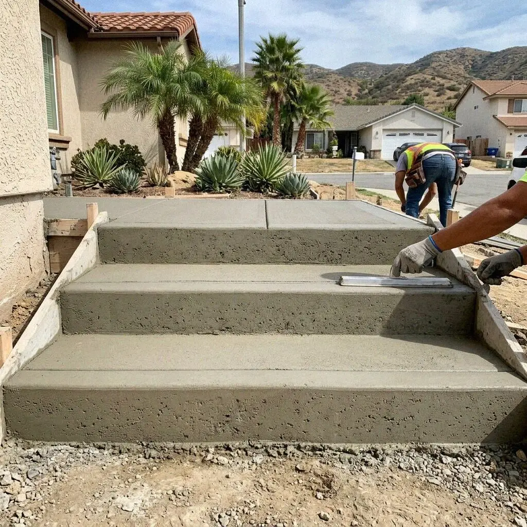 Hands tooling the nosing of a fresh concrete step at a Costa Mesa home