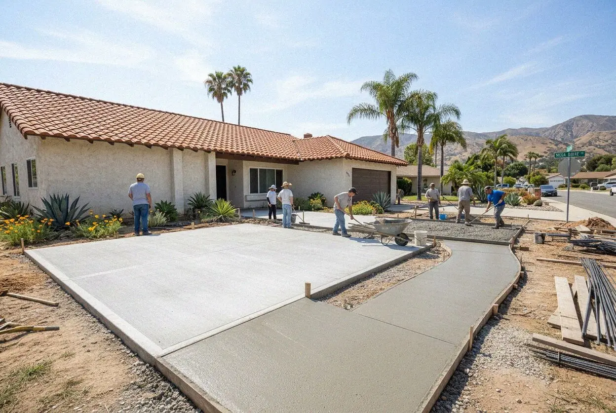 Crew stripping the forms off new concrete entry steps at a Costa Mesa duplex