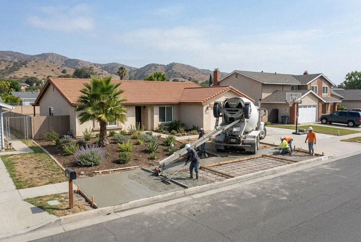 Concrete patio poured to the drainage swale of a Tustin Ranch lot