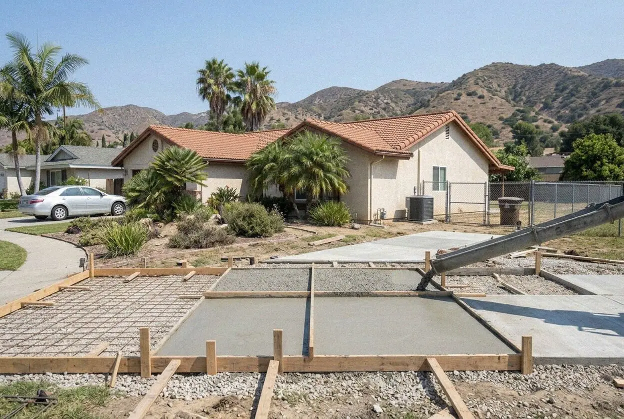 Concrete pool deck poured behind a half-acre Villa Park ranch house