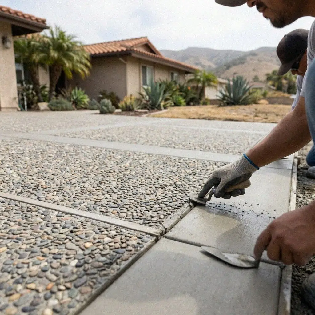 Hands brushing retarder off fresh exposed aggregate in Costa Mesa