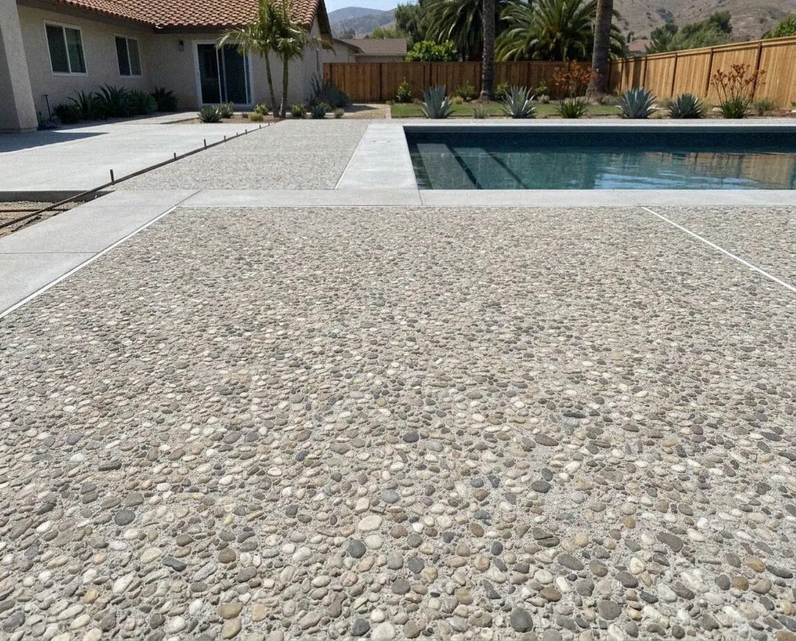 Exposed aggregate paving with a smooth border on a Costa Mesa patio