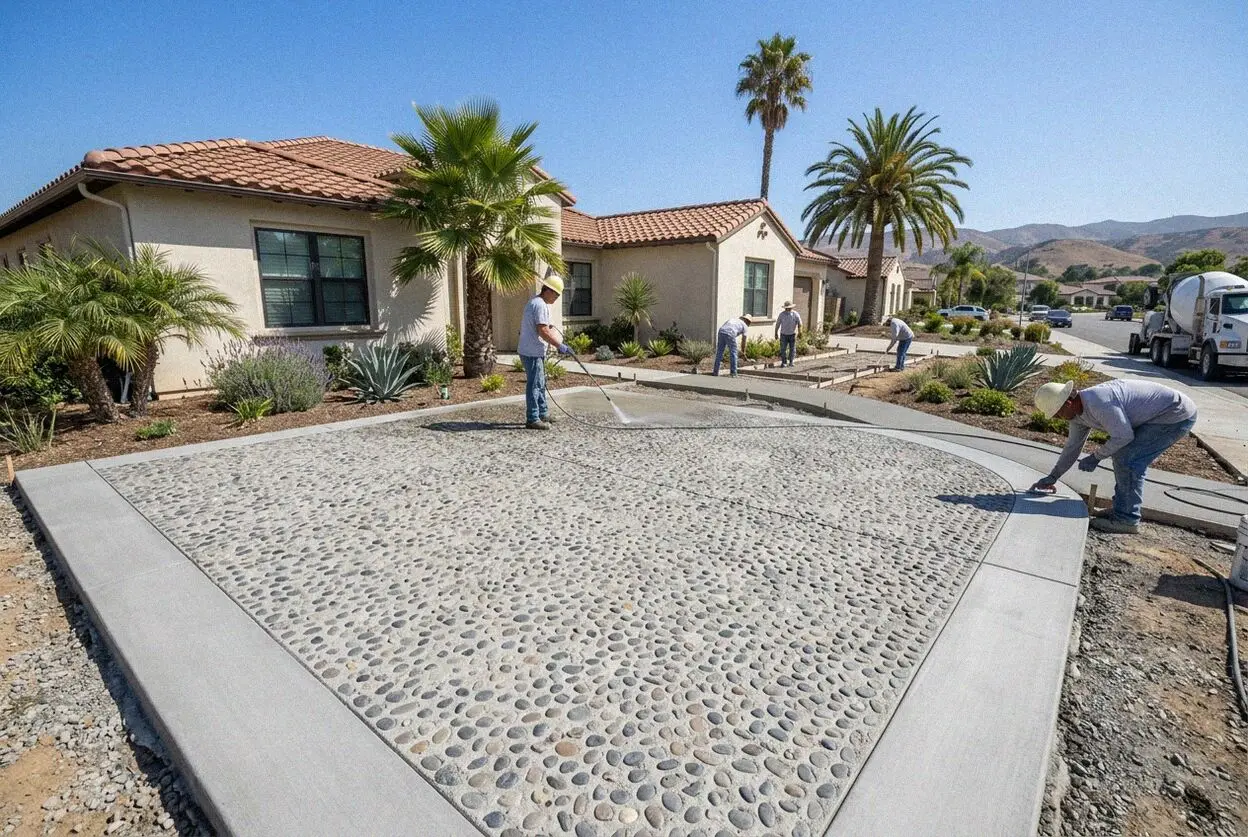 Crew washing exposed aggregate on a new patio at a Costa Mesa ranch house