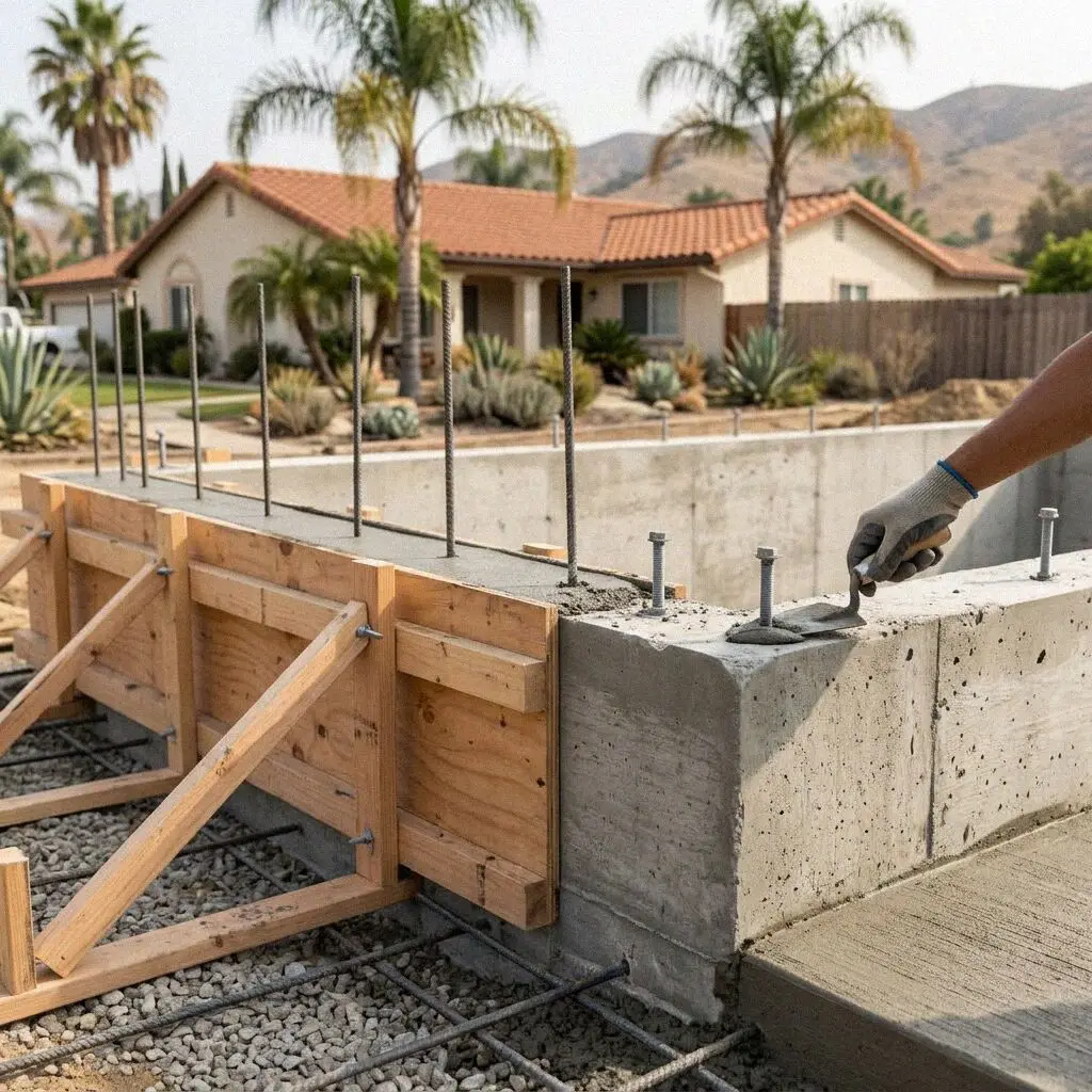 Hands tying vertical bars into a footing cage on a Costa Mesa lot