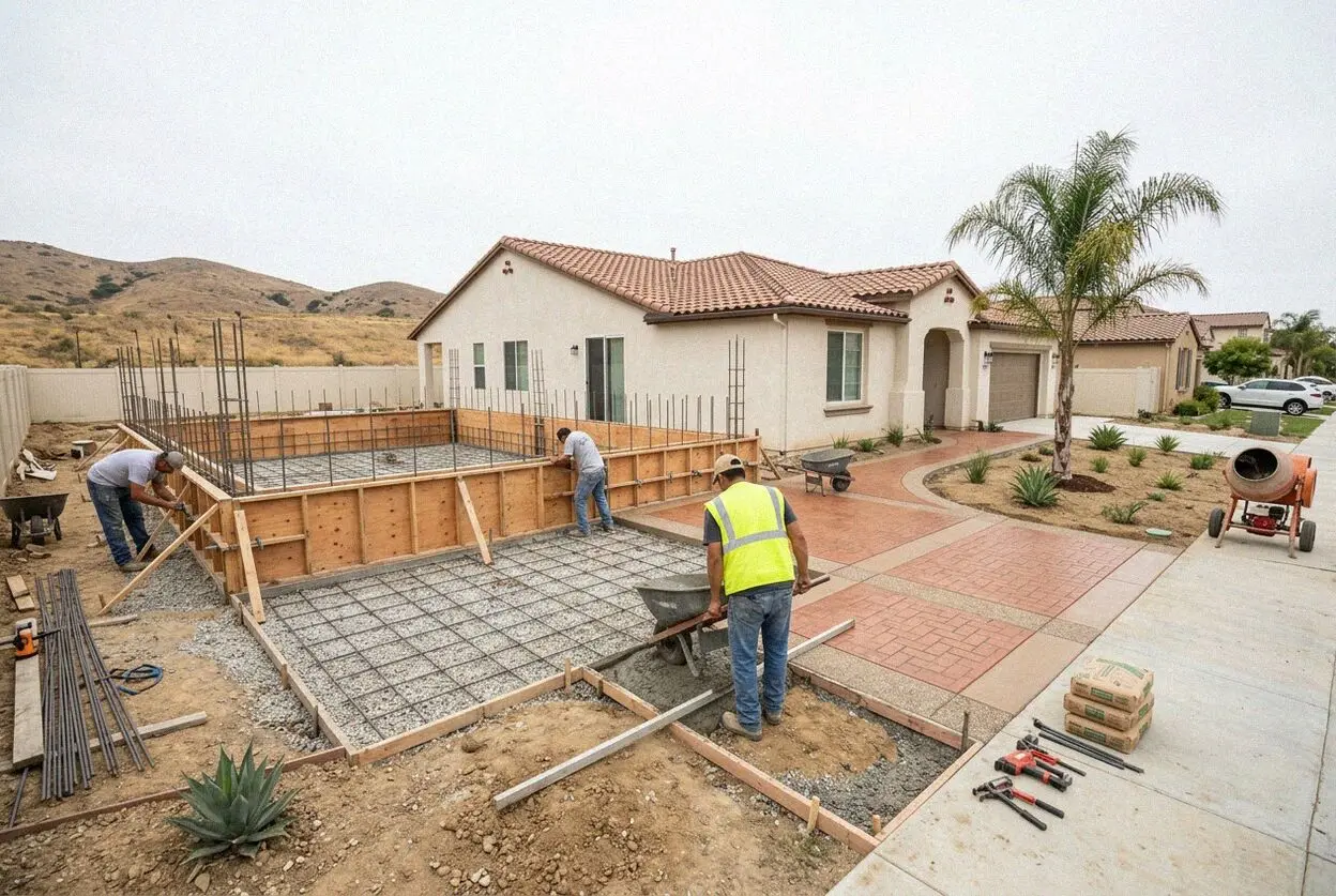 Crew pouring stem walls for a new house foundation in Costa Mesa, CA