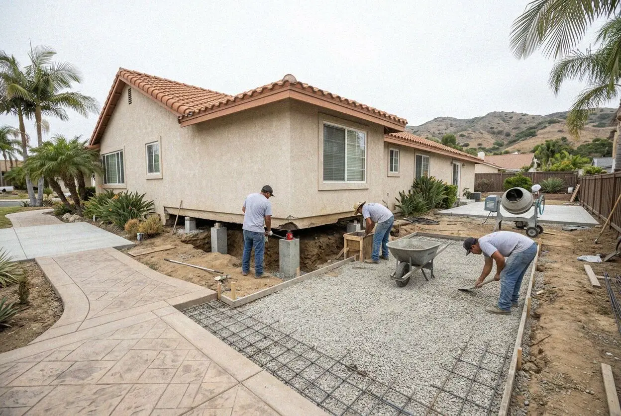 Crew setting a jack under a girder in the crawl space of a Costa Mesa house