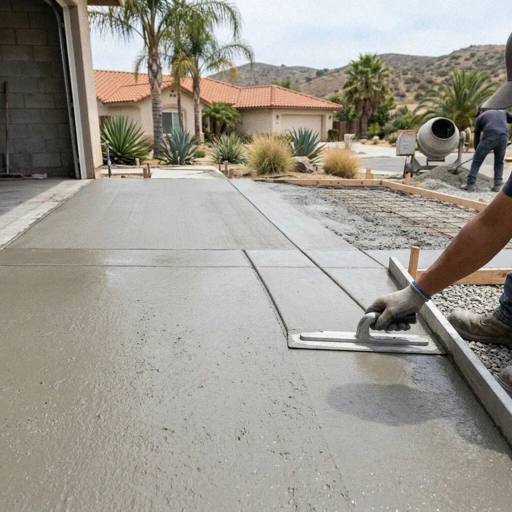 Hands cutting a control joint into a fresh garage slab in Costa Mesa
