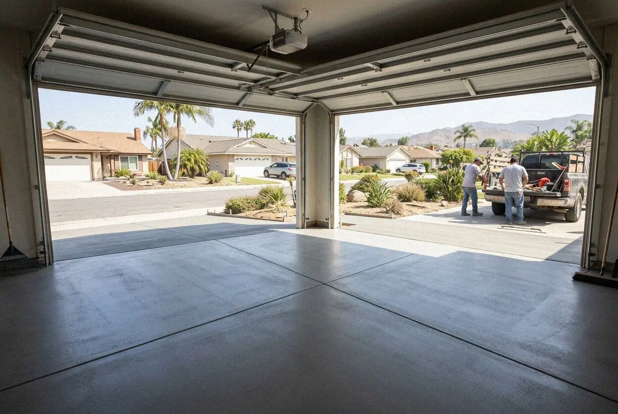 Crew screeding a new garage floor slab inside a Costa Mesa tract garage