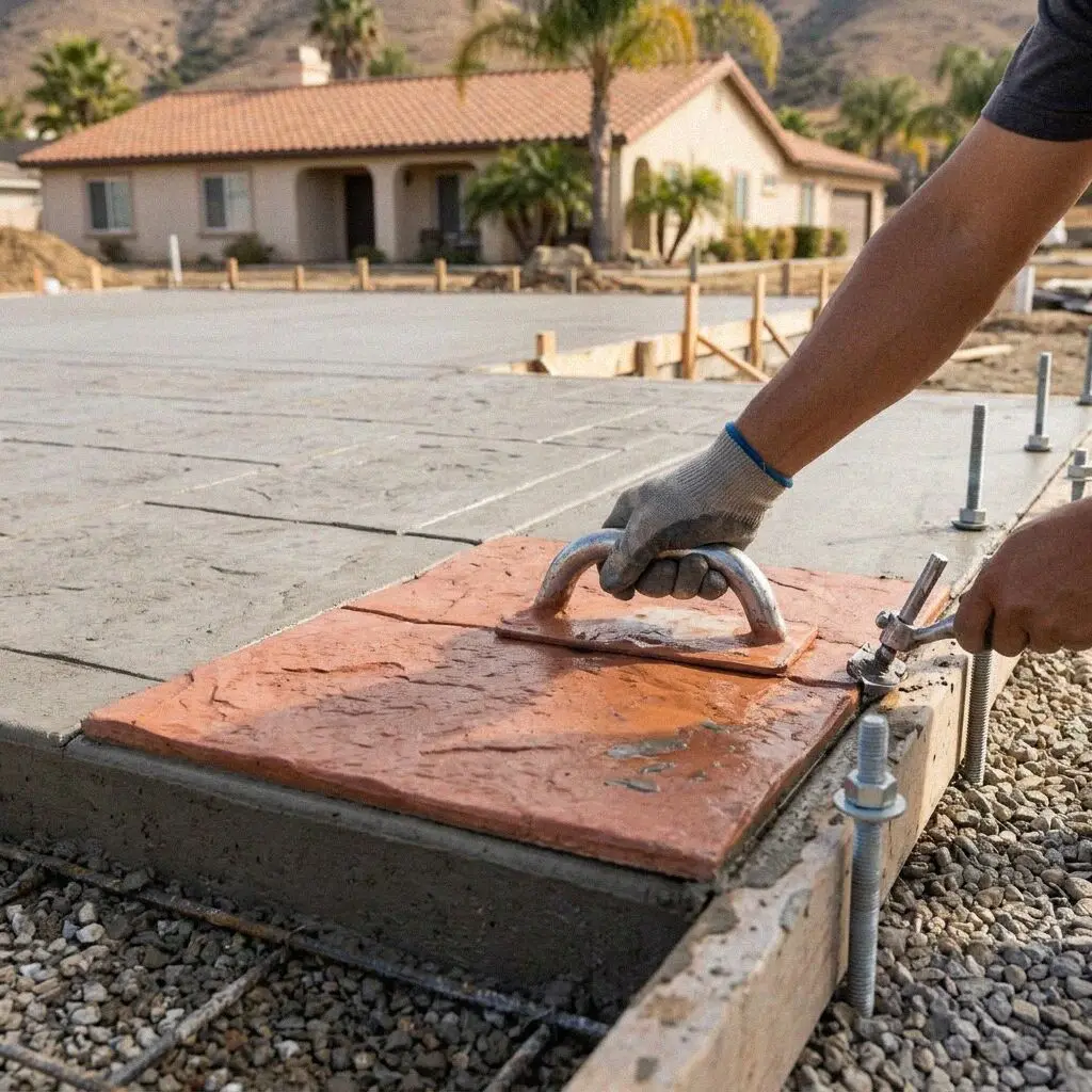 Hands tying rebar over the vapor sheet of a Costa Mesa slab